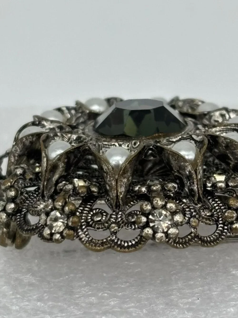 Vintage West Germany High Dome Brooch W/Crystal Faux Pearls Filigree Silver-Tone